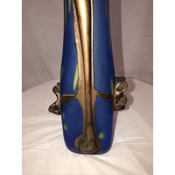 Handmade Blown Glass Vase Engraved with Metal Blue yellow Art Nouveau Style - Picture 7 of 11